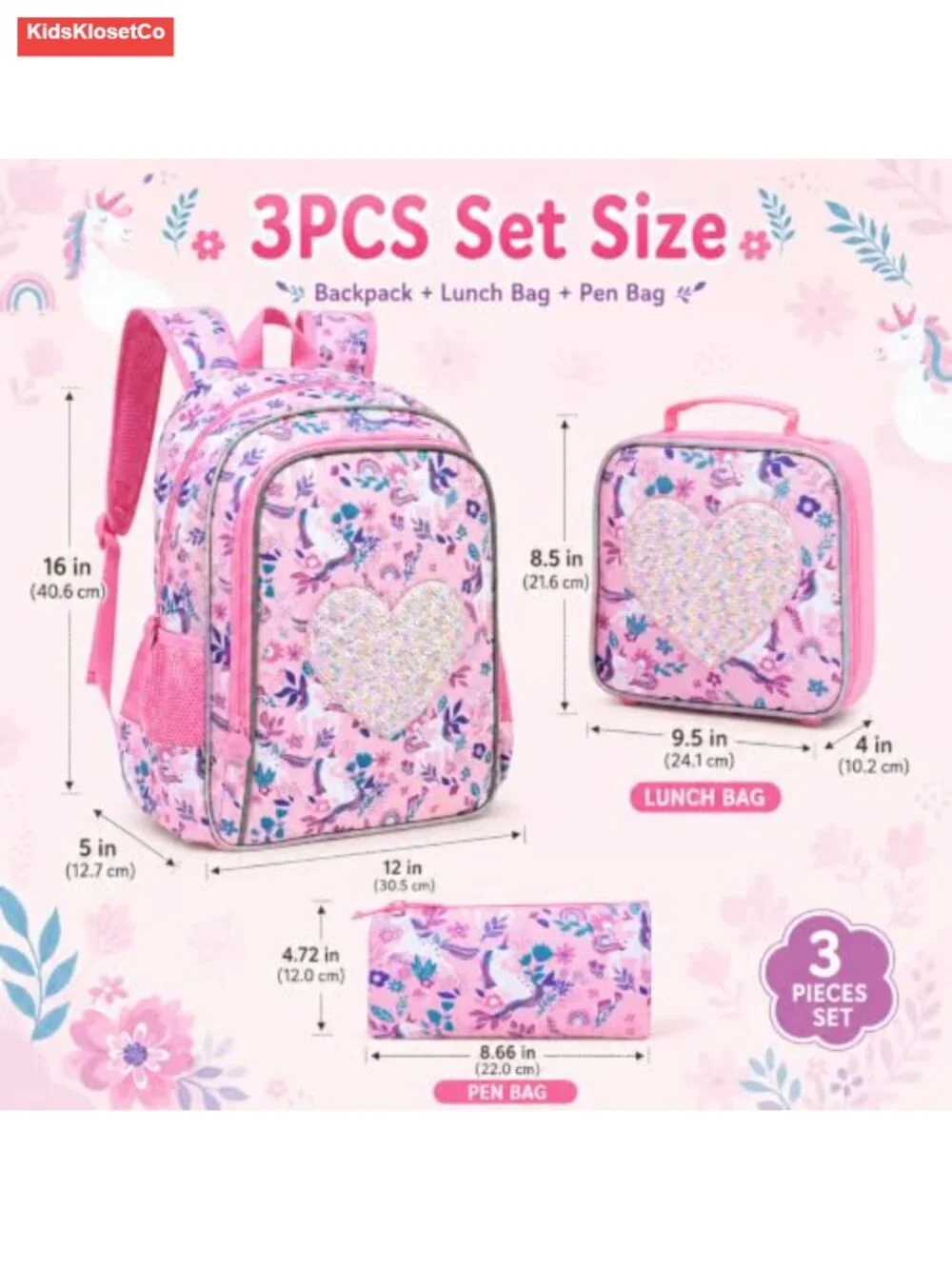 3pc Unicorn Backpack Set with Lunch Box Pencil Pouch Sequin Flip School Bag